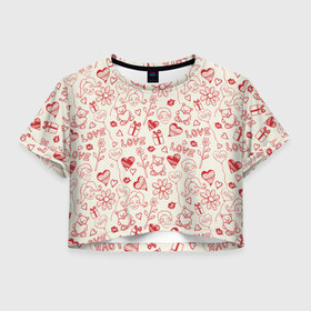 Женская футболка 3D укороченная с принтом Любовь в Новосибирске, 100% полиэстер | круглая горловина, длина футболки до линии талии, рукава с отворотами | love | игрушки | любовь | мишка | ромашки | сердце | цветы | шарики