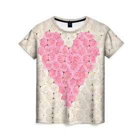 Женская футболка 3D с принтом Сердце из роз в Новосибирске, 100% полиэфир ( синтетическое хлопкоподобное полотно) | прямой крой, круглый вырез горловины, длина до линии бедер | 14 февраля | love | love is | валентин | влюбленный | день святого валентина | любовь | милый | розы | святой | сердечко | сердце