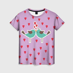Женская футболка 3D с принтом Птички в Новосибирске, 100% полиэфир ( синтетическое хлопкоподобное полотно) | прямой крой, круглый вырез горловины, длина до линии бедер | 14 февраля | love | валентин | влюбленные | любовь | птички | сердечко | сердце