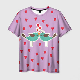 Мужская футболка 3D с принтом Птички в Новосибирске, 100% полиэфир | прямой крой, круглый вырез горловины, длина до линии бедер | 14 февраля | love | валентин | влюбленные | любовь | птички | сердечко | сердце
