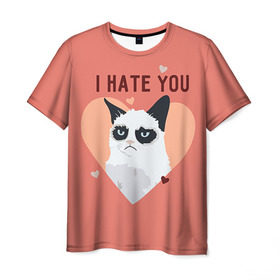 Мужская футболка 3D с принтом I hate you в Новосибирске, 100% полиэфир | прямой крой, круглый вырез горловины, длина до линии бедер | 14 февраля | cat | i hate you | день святого валентина | кот | ненавижу 14 февраля | сердечки