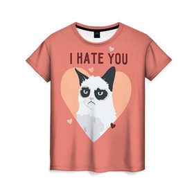 Женская футболка 3D с принтом I hate you в Новосибирске, 100% полиэфир ( синтетическое хлопкоподобное полотно) | прямой крой, круглый вырез горловины, длина до линии бедер | 14 февраля | cat | i hate you | день святого валентина | кот | ненавижу 14 февраля | сердечки