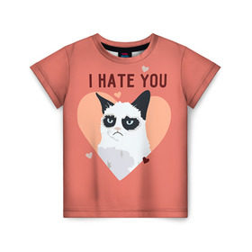 Детская футболка 3D с принтом I hate you в Новосибирске, 100% гипоаллергенный полиэфир | прямой крой, круглый вырез горловины, длина до линии бедер, чуть спущенное плечо, ткань немного тянется | 14 февраля | cat | i hate you | день святого валентина | кот | ненавижу 14 февраля | сердечки