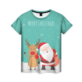 Женская футболка 3D с принтом Merry Christmas в Новосибирске, 100% полиэфир ( синтетическое хлопкоподобное полотно) | прямой крой, круглый вырез горловины, длина до линии бедер | merry christmas | дед мороз | новый год | рождество