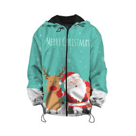 Детская куртка 3D с принтом Merry Christmas в Новосибирске, 100% полиэстер | застежка — молния, подол и капюшон оформлены резинкой с фиксаторами, по бокам — два кармана без застежек, один потайной карман на груди, плотность верхнего слоя — 90 г/м2; плотность флисового подклада — 260 г/м2 | Тематика изображения на принте: merry christmas | дед мороз | новый год | рождество