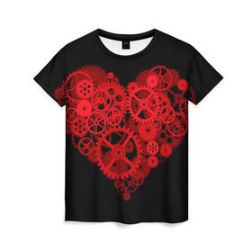 Женская футболка 3D с принтом Механическое сердце в Новосибирске, 100% полиэфир ( синтетическое хлопкоподобное полотно) | прямой крой, круглый вырез горловины, длина до линии бедер | контраст | любовь | механическое | сердце | шестеренки