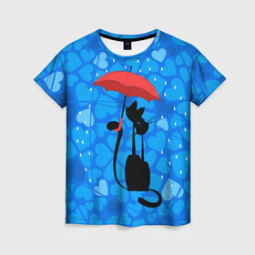 Женская футболка 3D с принтом Под зонтом в Новосибирске, 100% полиэфир ( синтетическое хлопкоподобное полотно) | прямой крой, круглый вырез горловины, длина до линии бедер | дождь | кот | кошка | любовь | под зонтом | сердца