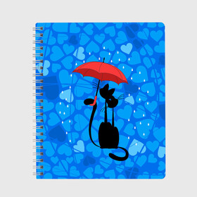 Тетрадь с принтом Под зонтом в Новосибирске, 100% бумага | 48 листов, плотность листов — 60 г/м2, плотность картонной обложки — 250 г/м2. Листы скреплены сбоку удобной пружинной спиралью. Уголки страниц и обложки скругленные. Цвет линий — светло-серый
 | дождь | кот | кошка | любовь | под зонтом | сердца