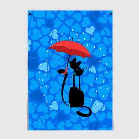 Постер с принтом Под зонтом в Новосибирске, 100% бумага
 | бумага, плотность 150 мг. Матовая, но за счет высокого коэффициента гладкости имеет небольшой блеск и дает на свету блики, но в отличии от глянцевой бумаги не покрыта лаком | дождь | кот | кошка | любовь | под зонтом | сердца