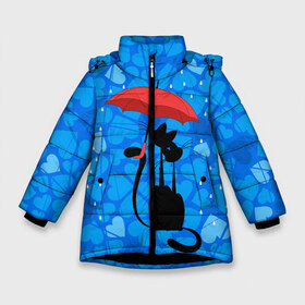 Зимняя куртка для девочек 3D с принтом Под зонтом в Новосибирске, ткань верха — 100% полиэстер; подклад — 100% полиэстер, утеплитель — 100% полиэстер. | длина ниже бедра, удлиненная спинка, воротник стойка и отстегивающийся капюшон. Есть боковые карманы с листочкой на кнопках, утяжки по низу изделия и внутренний карман на молнии. 

Предусмотрены светоотражающий принт на спинке, радужный светоотражающий элемент на пуллере молнии и на резинке для утяжки. | дождь | кот | кошка | любовь | под зонтом | сердца
