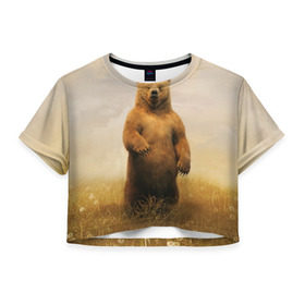 Женская футболка 3D укороченная с принтом Медведь в поле в Новосибирске, 100% полиэстер | круглая горловина, длина футболки до линии талии, рукава с отворотами | bear | медведь | одуванчики | русский медведь в чистом русском поле мечта патриотаполе | сено