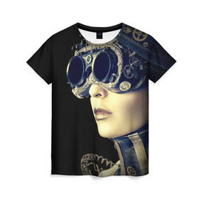 Женская футболка 3D с принтом Девушка steampunk в Новосибирске, 100% полиэфир ( синтетическое хлопкоподобное полотно) | прямой крой, круглый вырез горловины, длина до линии бедер | девушка steampunk | киберпанк | кожа | очки | шляпа