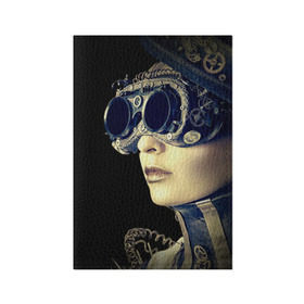 Обложка для паспорта матовая кожа с принтом Девушка steampunk в Новосибирске, натуральная матовая кожа | размер 19,3 х 13,7 см; прозрачные пластиковые крепления | Тематика изображения на принте: девушка steampunk | киберпанк | кожа | очки | шляпа