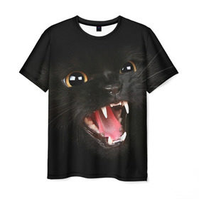 Мужская футболка 3D с принтом Черный кот в Новосибирске, 100% полиэфир | прямой крой, круглый вырез горловины, длина до линии бедер | глаза | клыки | хищник | черный кон