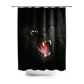 Штора 3D для ванной с принтом Черный кот в Новосибирске, 100% полиэстер | плотность материала — 100 г/м2. Стандартный размер — 146 см х 180 см. По верхнему краю — пластиковые люверсы для креплений. В комплекте 10 пластиковых колец | глаза | клыки | хищник | черный кон