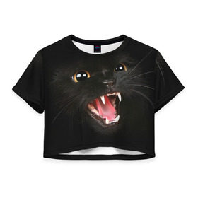 Женская футболка 3D укороченная с принтом Черный кот в Новосибирске, 100% полиэстер | круглая горловина, длина футболки до линии талии, рукава с отворотами | глаза | клыки | хищник | черный кон