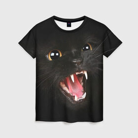 Женская футболка 3D с принтом Черный кот в Новосибирске, 100% полиэфир ( синтетическое хлопкоподобное полотно) | прямой крой, круглый вырез горловины, длина до линии бедер | глаза | клыки | хищник | черный кон