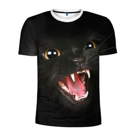Мужская футболка 3D спортивная с принтом Черный кот в Новосибирске, 100% полиэстер с улучшенными характеристиками | приталенный силуэт, круглая горловина, широкие плечи, сужается к линии бедра | глаза | клыки | хищник | черный кон