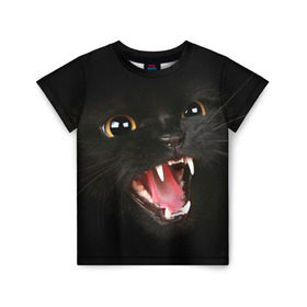 Детская футболка 3D с принтом Черный кот в Новосибирске, 100% гипоаллергенный полиэфир | прямой крой, круглый вырез горловины, длина до линии бедер, чуть спущенное плечо, ткань немного тянется | глаза | клыки | хищник | черный кон