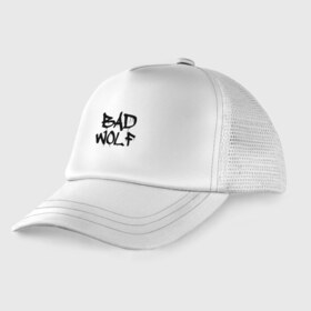 Детская кепка тракер с принтом Bad Wolf в Новосибирске, Козырек - 100% хлопок. Кепка - 100% полиэстер, Задняя часть - сетка | универсальный размер, пластиковая застёжка | bad | doctor | tardis | tennant | who | wolf | доктор | кто | смит | тардис | теннант