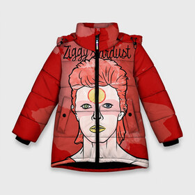 Зимняя куртка для девочек 3D с принтом Ziggy Stardust в Новосибирске, ткань верха — 100% полиэстер; подклад — 100% полиэстер, утеплитель — 100% полиэстер. | длина ниже бедра, удлиненная спинка, воротник стойка и отстегивающийся капюшон. Есть боковые карманы с листочкой на кнопках, утяжки по низу изделия и внутренний карман на молнии. 

Предусмотрены светоотражающий принт на спинке, радужный светоотражающий элемент на пуллере молнии и на резинке для утяжки. | bowie | david | ziggy stardust | боуи | дэвид | музыкант | певец | рок