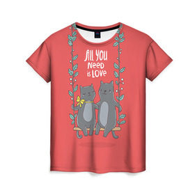 Женская футболка 3D с принтом Кисули Love в Новосибирске, 100% полиэфир ( синтетическое хлопкоподобное полотно) | прямой крой, круглый вырез горловины, длина до линии бедер | 14 февраля | love | влюбленный | день святого валентина | котики | любовь | милый | романтика | сердце