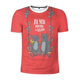 Мужская футболка 3D спортивная с принтом Кисули Love в Новосибирске, 100% полиэстер с улучшенными характеристиками | приталенный силуэт, круглая горловина, широкие плечи, сужается к линии бедра | 14 февраля | love | влюбленный | день святого валентина | котики | любовь | милый | романтика | сердце