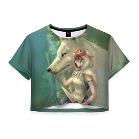 Женская футболка 3D укороченная с принтом Принцесса и волк в Новосибирске, 100% полиэстер | круглая горловина, длина футболки до линии талии, рукава с отворотами | волк | классика | лес | мононоке | фэнтези | хидео | хит