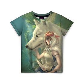 Детская футболка 3D с принтом Принцесса и волк в Новосибирске, 100% гипоаллергенный полиэфир | прямой крой, круглый вырез горловины, длина до линии бедер, чуть спущенное плечо, ткань немного тянется | Тематика изображения на принте: волк | классика | лес | мононоке | фэнтези | хидео | хит