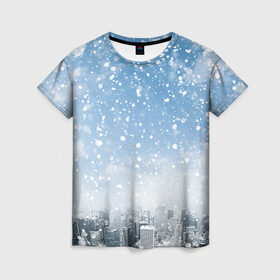 Женская футболка 3D с принтом Снежный город в Новосибирске, 100% полиэфир ( синтетическое хлопкоподобное полотно) | прямой крой, круглый вырез горловины, длина до линии бедер | город | зима | природа | снег | снегопад