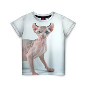 Детская футболка 3D с принтом Сфинкс в Новосибирске, 100% гипоаллергенный полиэфир | прямой крой, круглый вырез горловины, длина до линии бедер, чуть спущенное плечо, ткань немного тянется | Тематика изображения на принте: домашняя | животное | кот | котэ | кошка | сфинкс