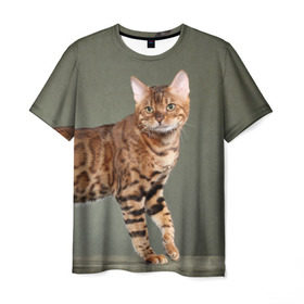 Мужская футболка 3D с принтом Бенгальский кот в Новосибирске, 100% полиэфир | прямой крой, круглый вырез горловины, длина до линии бедер | бенгальский | домашняя | животное | кот | котэ | кошка