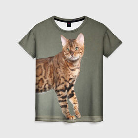 Женская футболка 3D с принтом Бенгальский кот в Новосибирске, 100% полиэфир ( синтетическое хлопкоподобное полотно) | прямой крой, круглый вырез горловины, длина до линии бедер | бенгальский | домашняя | животное | кот | котэ | кошка