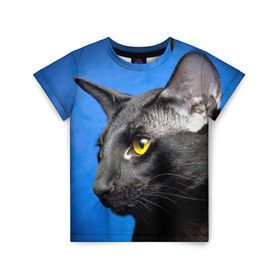 Детская футболка 3D с принтом Черный кот в Новосибирске, 100% гипоаллергенный полиэфир | прямой крой, круглый вырез горловины, длина до линии бедер, чуть спущенное плечо, ткань немного тянется | домашняя | животное | кот | котэ | кошка | черный