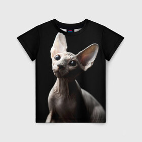 Детская футболка 3D с принтом Сфинкс в Новосибирске, 100% гипоаллергенный полиэфир | прямой крой, круглый вырез горловины, длина до линии бедер, чуть спущенное плечо, ткань немного тянется | домашняя | животное | кот | котэ | кошка | сфинкс