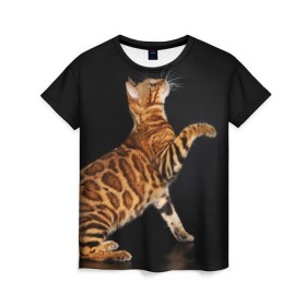 Женская футболка 3D с принтом Бенгальская кошка в Новосибирске, 100% полиэфир ( синтетическое хлопкоподобное полотно) | прямой крой, круглый вырез горловины, длина до линии бедер | бенгальская | домашняя | животное | кот | котэ | кошка