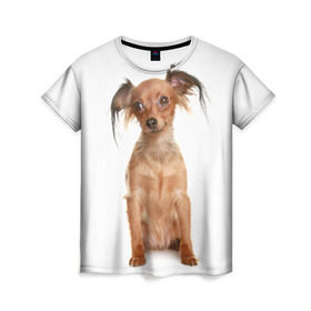 Женская футболка 3D с принтом Той-терьер в Новосибирске, 100% полиэфир ( синтетическое хлопкоподобное полотно) | прямой крой, круглый вырез горловины, длина до линии бедер | животное | порода | собака | той терьер