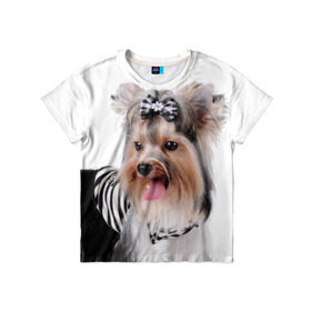 Детская футболка 3D с принтом Йоркширский терьер в Новосибирске, 100% гипоаллергенный полиэфир | прямой крой, круглый вырез горловины, длина до линии бедер, чуть спущенное плечо, ткань немного тянется | Тематика изображения на принте: животное | йоркширский терьер | порода | собака
