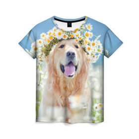 Женская футболка 3D с принтом Золотистый ретривер в Новосибирске, 100% полиэфир ( синтетическое хлопкоподобное полотно) | прямой крой, круглый вырез горловины, длина до линии бедер | Тематика изображения на принте: животное | золотистый ретривер | порода | собака