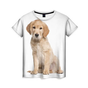 Женская футболка 3D с принтом Золотистый ретривер в Новосибирске, 100% полиэфир ( синтетическое хлопкоподобное полотно) | прямой крой, круглый вырез горловины, длина до линии бедер | животное | золотистый ретривер | порода | собака