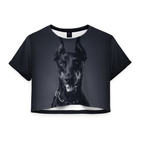 Женская футболка 3D укороченная с принтом Доберман в Новосибирске, 100% полиэстер | круглая горловина, длина футболки до линии талии, рукава с отворотами | доберман | животное | порода | собака