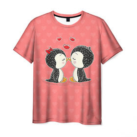Мужская футболка 3D с принтом Влюбленные пингвины в Новосибирске, 100% полиэфир | прямой крой, круглый вырез горловины, длина до линии бедер | 14 февраля | love | love you | валентин | влюбленные | день святого валентина | лав | любовь | пингвины | подарок девушке | подарок парню
