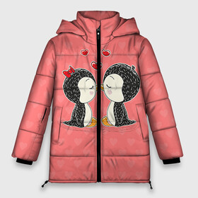 Женская зимняя куртка 3D с принтом Влюбленные пингвины в Новосибирске, верх — 100% полиэстер; подкладка — 100% полиэстер; утеплитель — 100% полиэстер | длина ниже бедра, силуэт Оверсайз. Есть воротник-стойка, отстегивающийся капюшон и ветрозащитная планка. 

Боковые карманы с листочкой на кнопках и внутренний карман на молнии | 14 февраля | love | love you | валентин | влюбленные | день святого валентина | лав | любовь | пингвины | подарок девушке | подарок парню