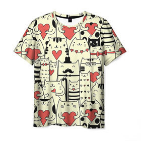 Мужская футболка 3D с принтом Любящие котики в Новосибирске, 100% полиэфир | прямой крой, круглый вырез горловины, длина до линии бедер | 14 февраля | cat | love | love you | валентин | влюбленные | день святого валентина | кот | котики | лав | любовь | подарок девушке | подарок парню