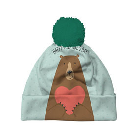 Шапка 3D c помпоном с принтом Медведь с сердцем в Новосибирске, 100% полиэстер | универсальный размер, печать по всей поверхности изделия | 14 февраля | bears | love | love you | валентин | влюбленные | день святого валентина | лав | любовь | медведб | медведи | мишки | подарок девушке | подарок парню