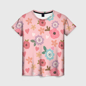 Женская футболка 3D с принтом Цветник в Новосибирске, 100% полиэфир ( синтетическое хлопкоподобное полотно) | прямой крой, круглый вырез горловины, длина до линии бедер | природа | ромашки | тульпаны | цветы