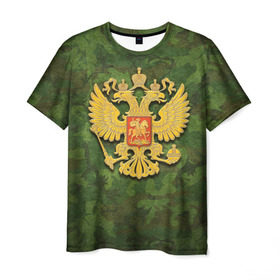 Мужская футболка 3D с принтом Герб на камуфляже в Новосибирске, 100% полиэфир | прямой крой, круглый вырез горловины, длина до линии бедер | 23 | 23 февраля | армия | герб | камуфляж | комуфляж | подарок | подарок любимому | подарок мужу | подарок мужчине | подарок на 23 февраля | подарок парню