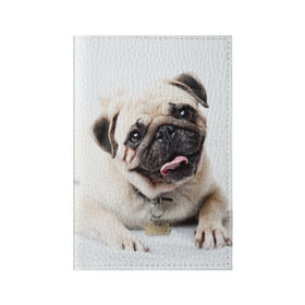 Обложка для паспорта матовая кожа с принтом Мопс в Новосибирске, натуральная матовая кожа | размер 19,3 х 13,7 см; прозрачные пластиковые крепления | Тематика изображения на принте: животное | мопс | порода | собака