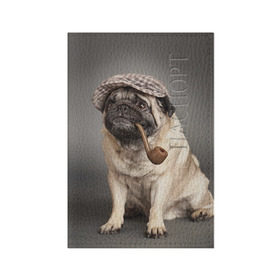 Обложка для паспорта матовая кожа с принтом Мопс в кепке в Новосибирске, натуральная матовая кожа | размер 19,3 х 13,7 см; прозрачные пластиковые крепления | Тематика изображения на принте: животное | мопс | порода | собака