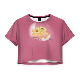 Женская футболка 3D укороченная с принтом Мишки в облаках в Новосибирске, 100% полиэстер | круглая горловина, длина футболки до линии талии, рукава с отворотами | 14 февраля | bears | teddy | валентин | день святого валентина | игрушки | медведи | милый | мимими | мишка | мишки | подарки | подарок | подарок девушке | подарок парню | тедди